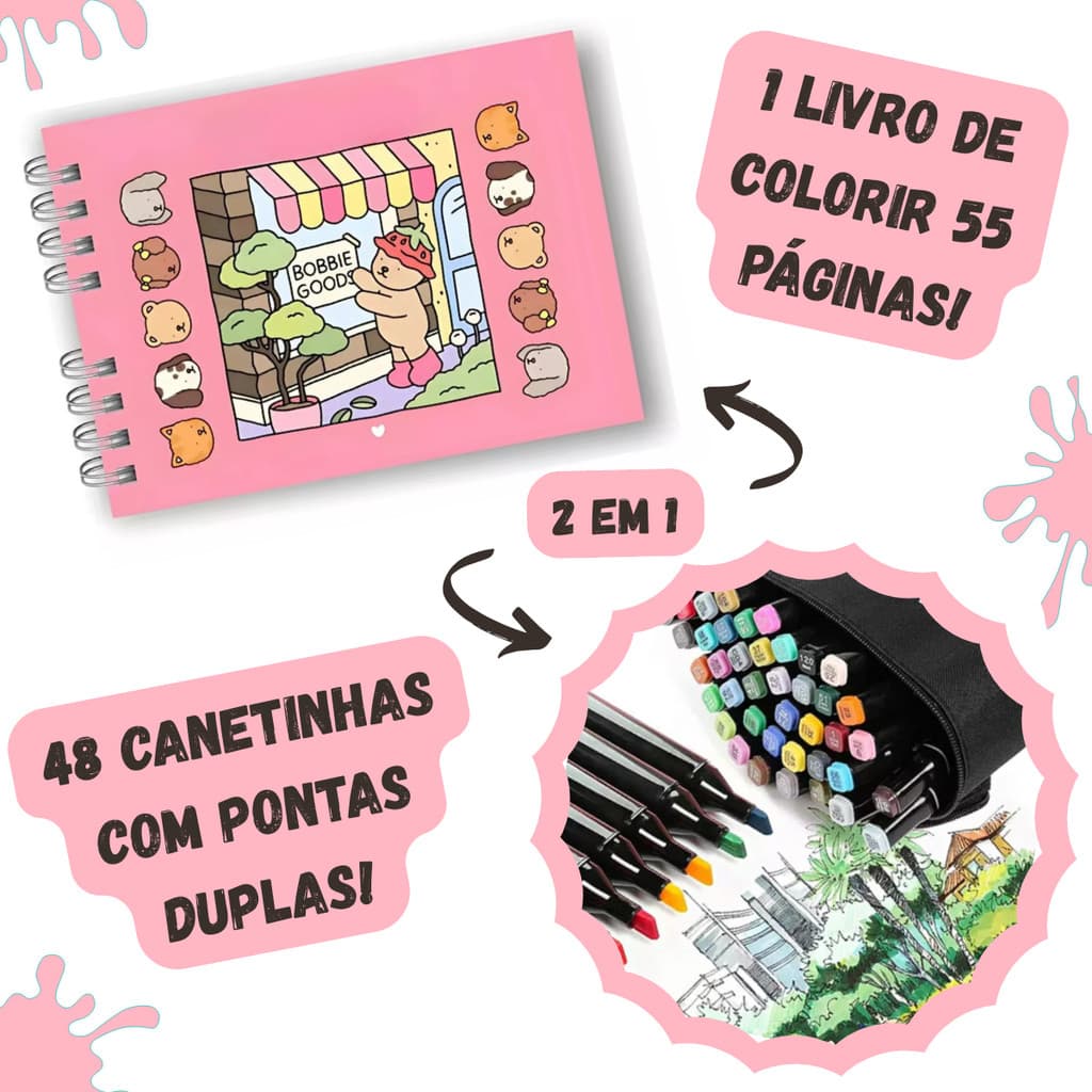Kit Livro Colorir URSO BOB (Rosa) + 48 Canetas - Estimula