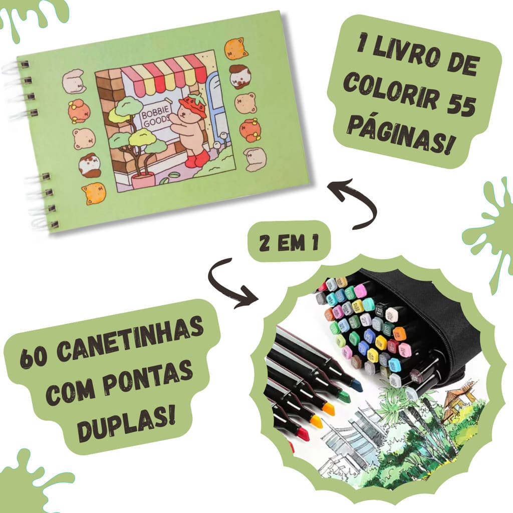 Kit Livro Colorir URSO BOB (Verde) + 60 Canetas - Estimula