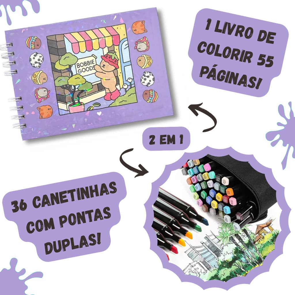 Kit Livro Colorir URSO BOB (Roxo) + 36 Canetas