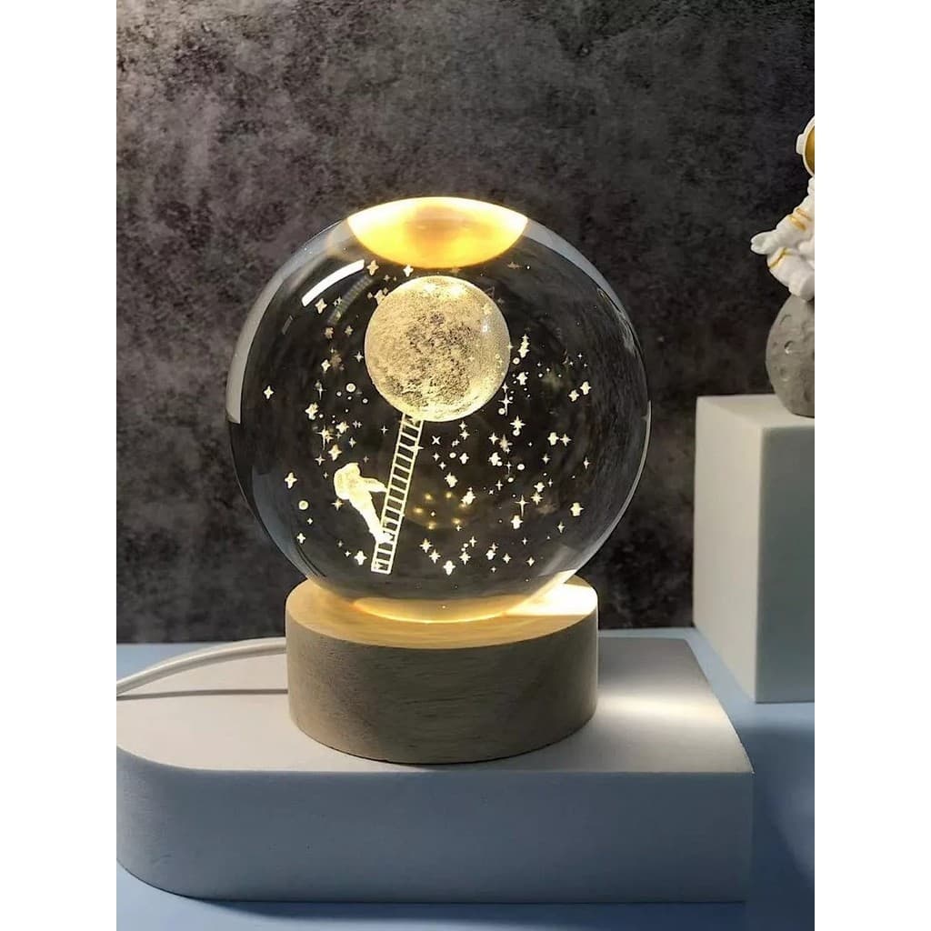 Luminária De Mesa Bola De Cristal 3d Decorativa Base Madeira