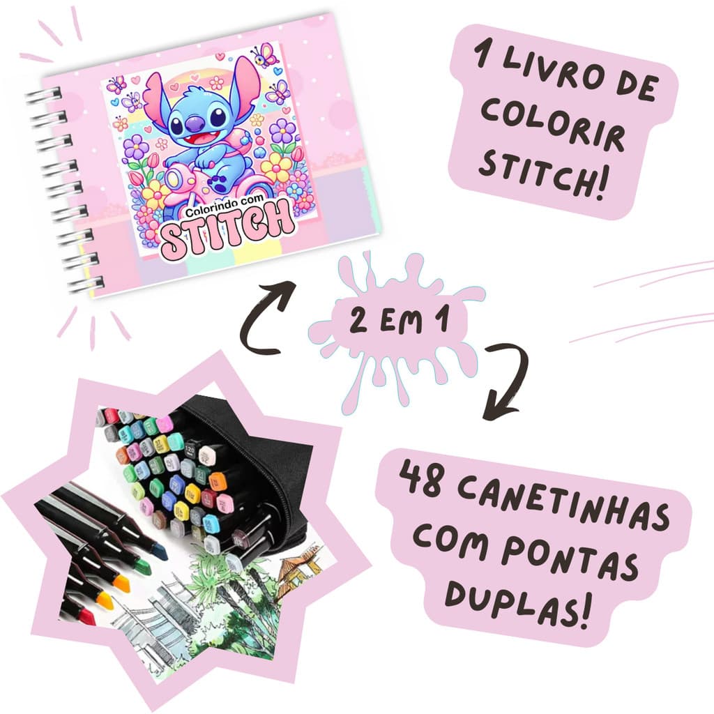Kit Livro Colorir LIL. STI. (Rosa) + 48 Canetas - Filme