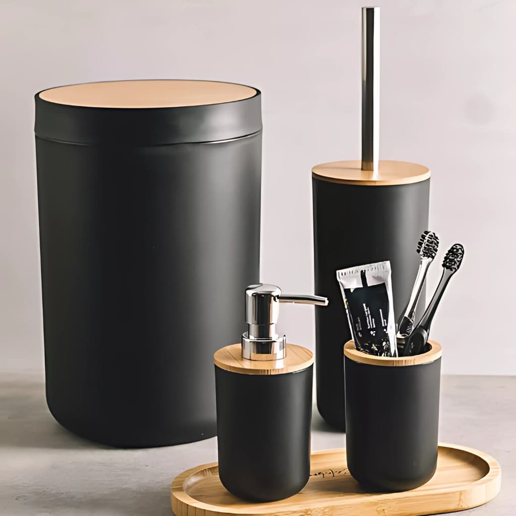 Kit De Banheiro Lixeira Saboneteira Preto Com Bambu 4 Peças