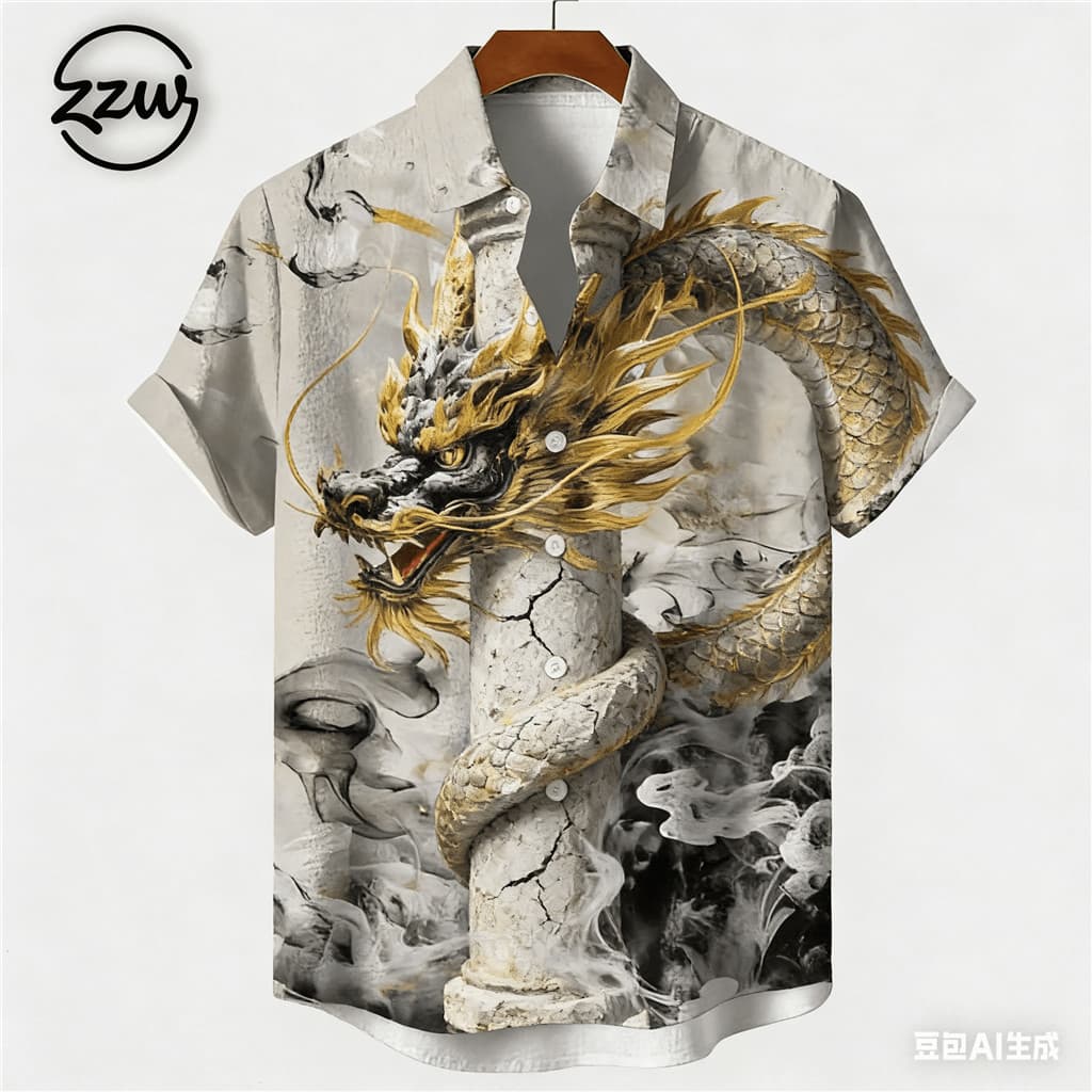 Nova Camisa Masculina De Manga Curta Com Estampa De Dragão Dourado Vintage Tinta Arte Casual Solta Verão Moda Tops