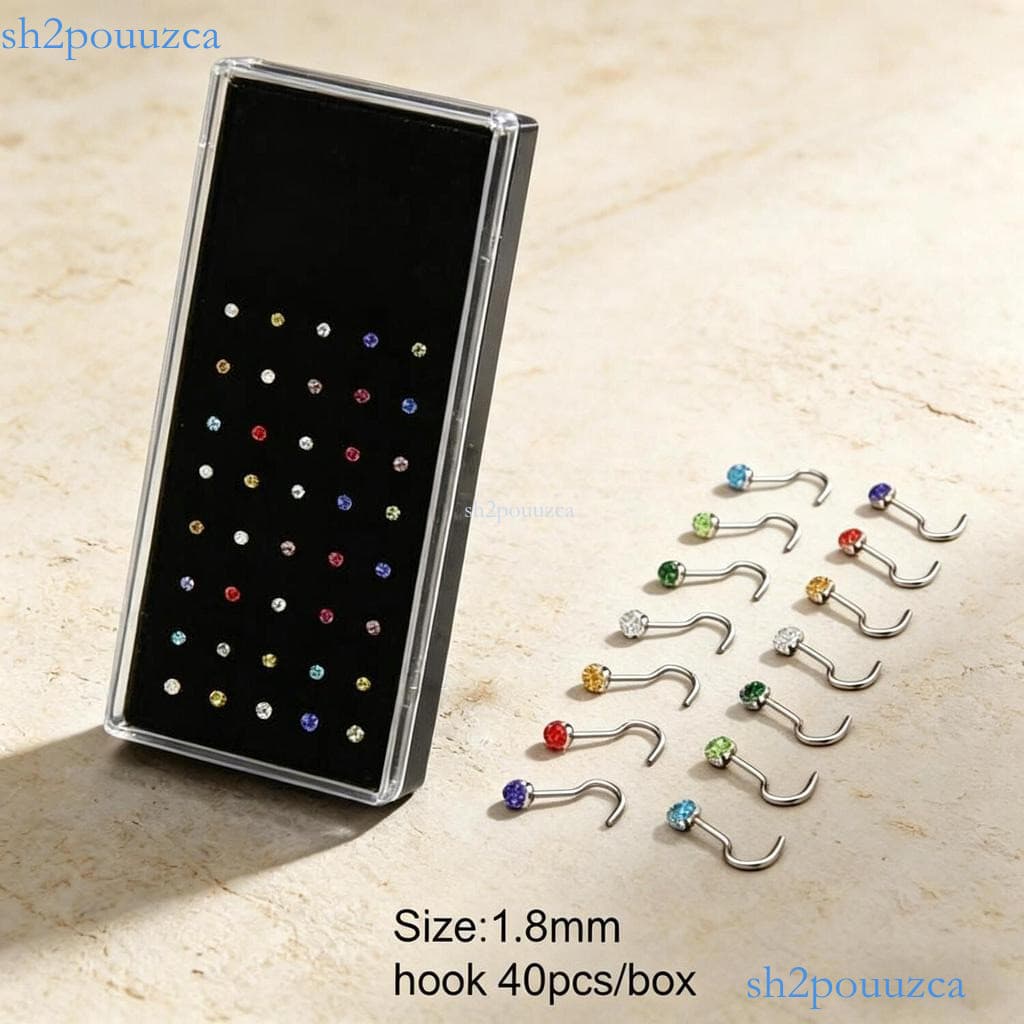 40 Unidades de Piercings de Nariz com Cristal e Design de Gancho - 1.8mm, Cores Mistas FJ80402S-2 ✨sh2pouuzca