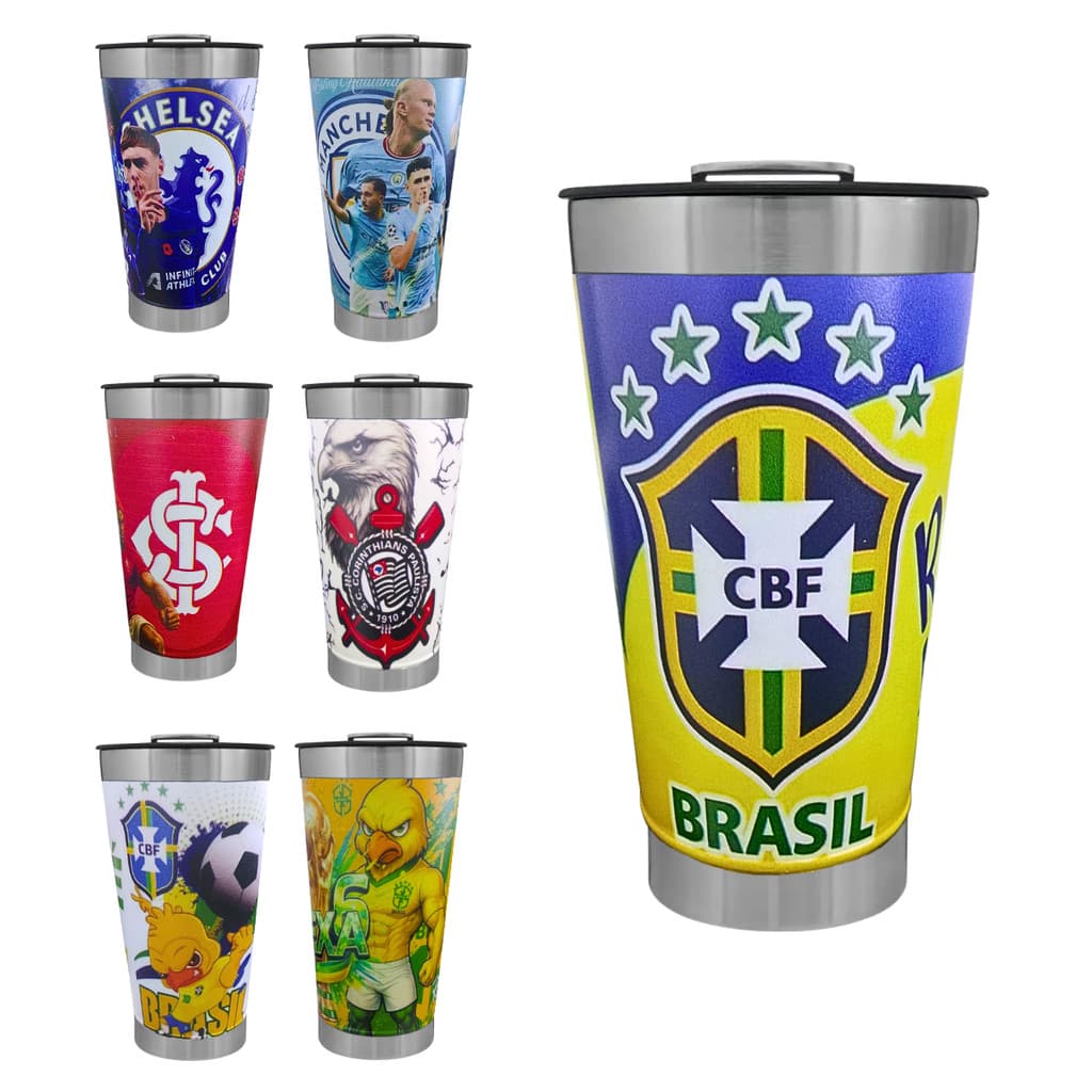 Copo Térmico em Aço Inox 473ml com Tampa e Abridor – Estampa Futebol