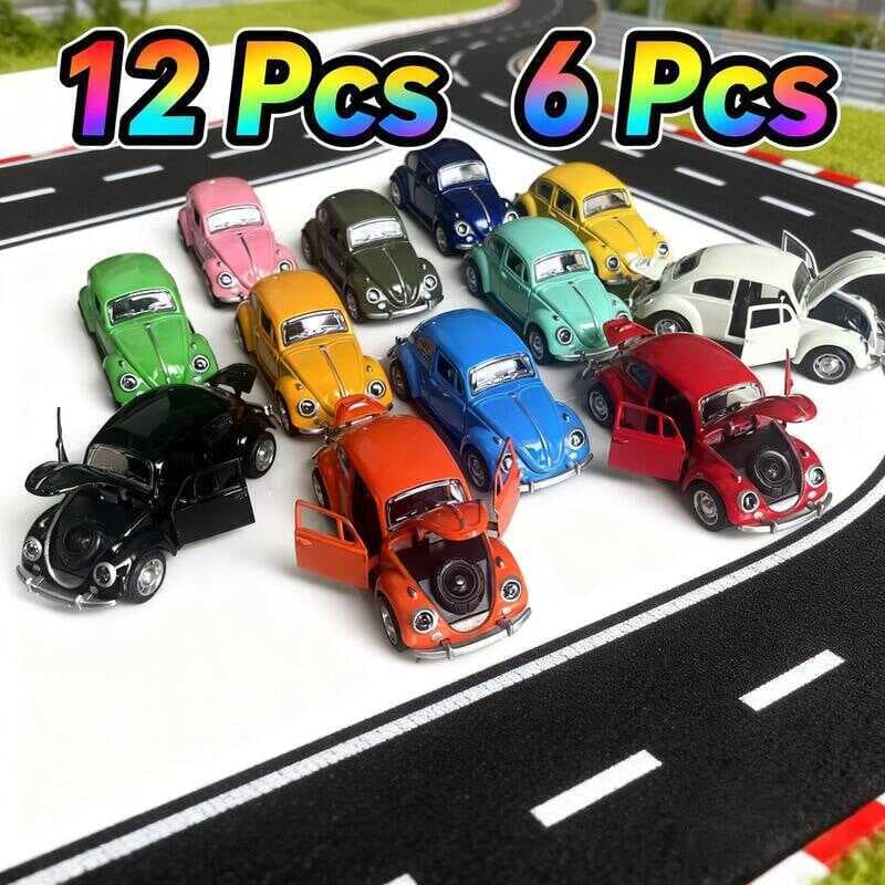 Kit 12/6 Carrinho De Ferro Fusca Fusquinha Abre Porta Capô Fricção Miniatura