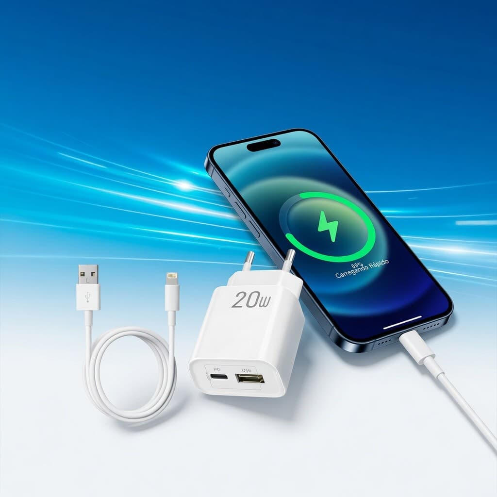Kit Carregador Turbo 20W + Cabo Lightning Carga Rápida USB-C Power Cabo Resistente Adapter