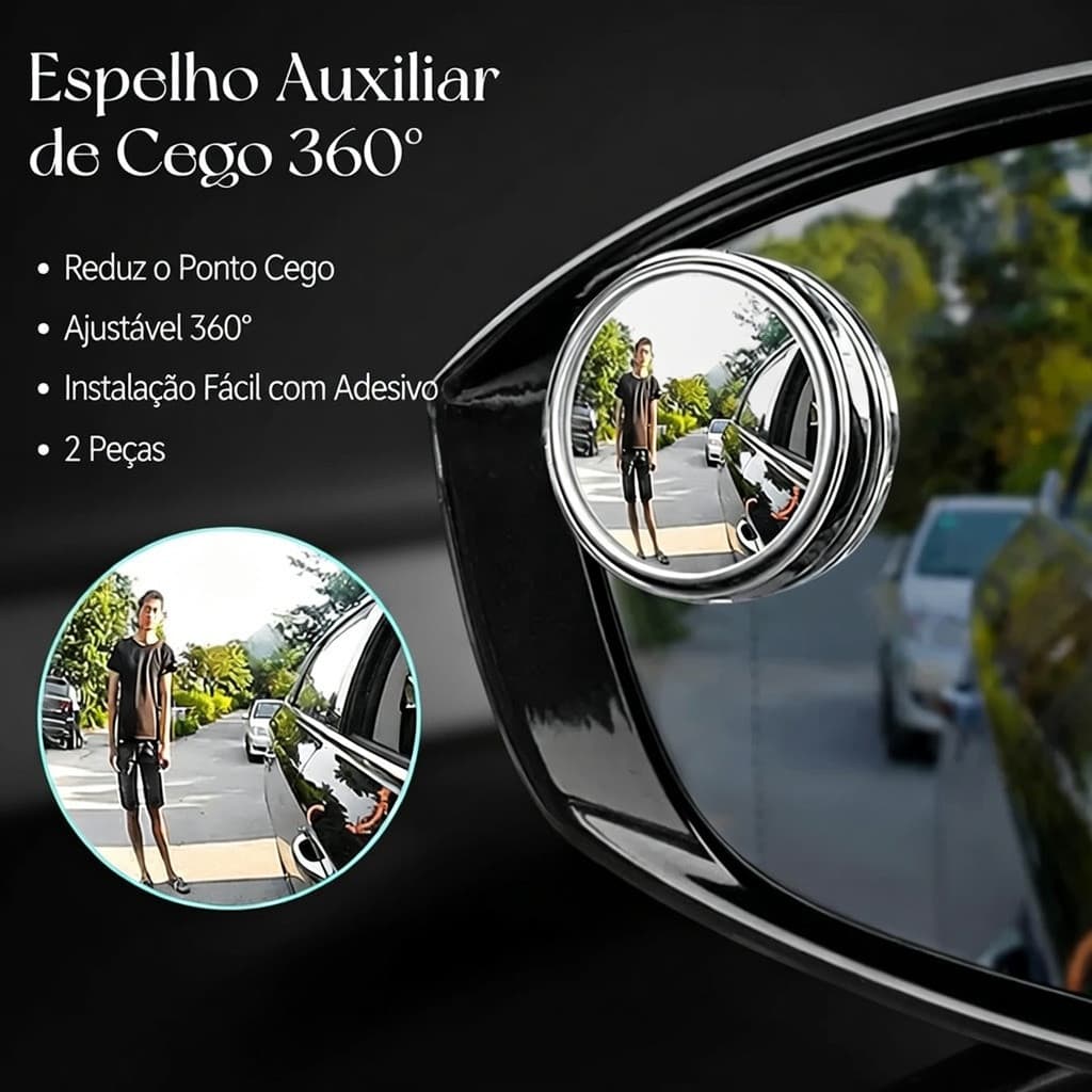 2 Peças Espelho Auxiliar de Cego Convexo 360° para Retrovisor - Reduz Ponto Cego