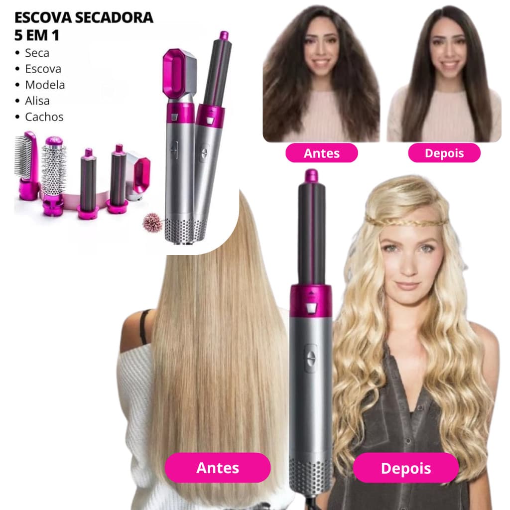 PINK/PRATA - Escova Secador de Cabelo 5 em 1  110v |