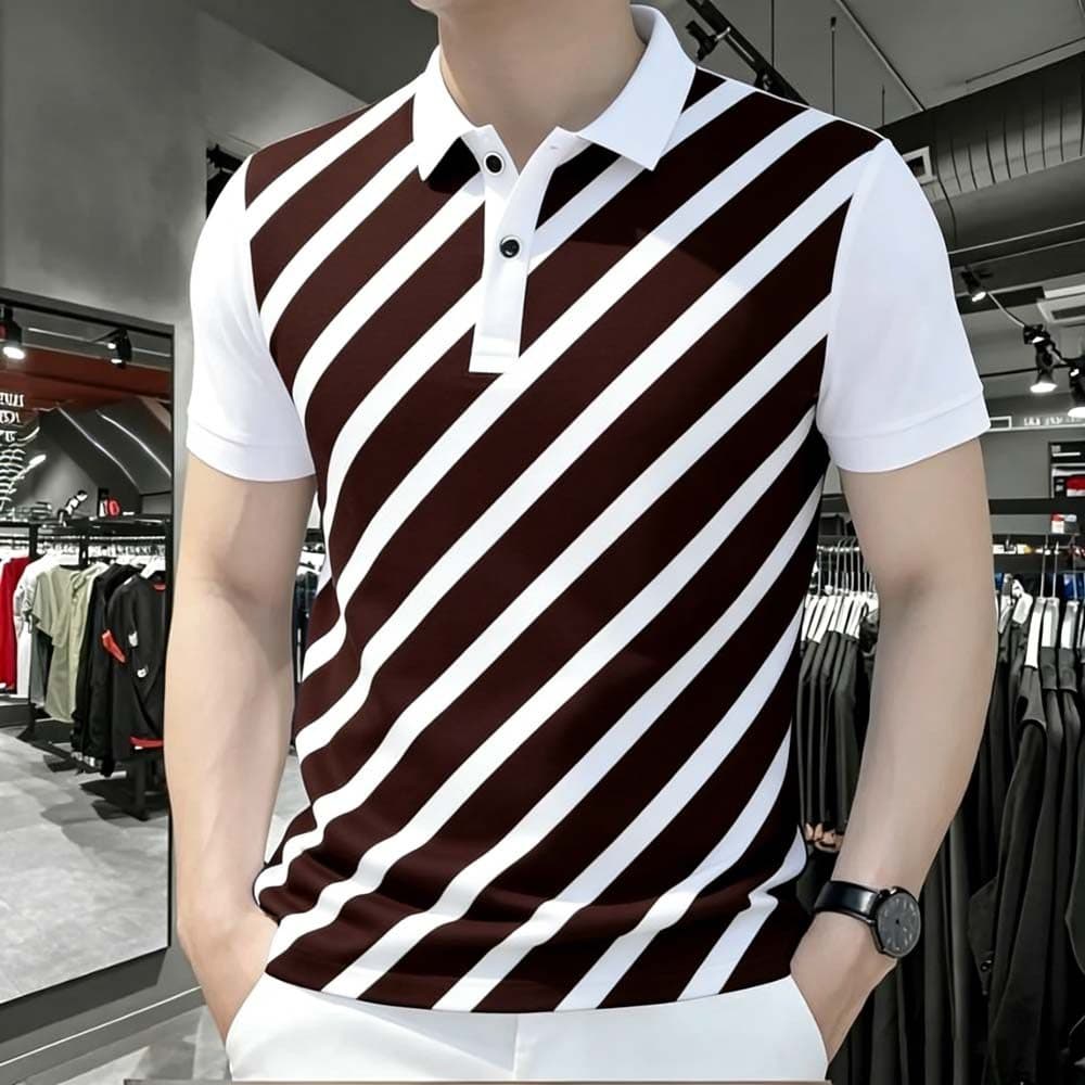 Polo Masculino Com Estampa De Listras Diagonais Marrons E Brancas – Manga Curta Estilo Clássico