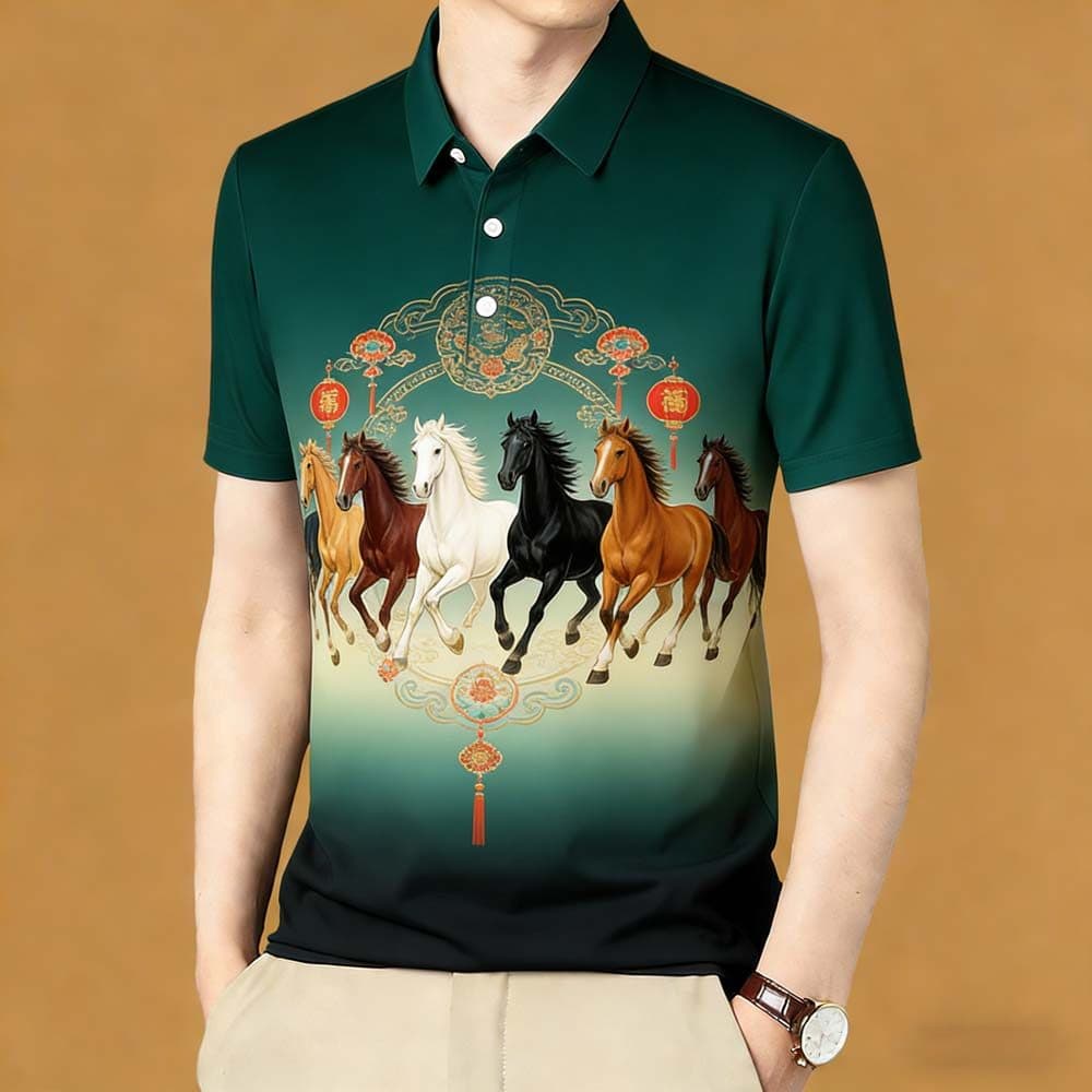 Polo Masculino De Manga Curta Com Estampa De Seis Cavalos E Nuvens Auspiciosas Lanternas Medalhão (Festival Da Primavera