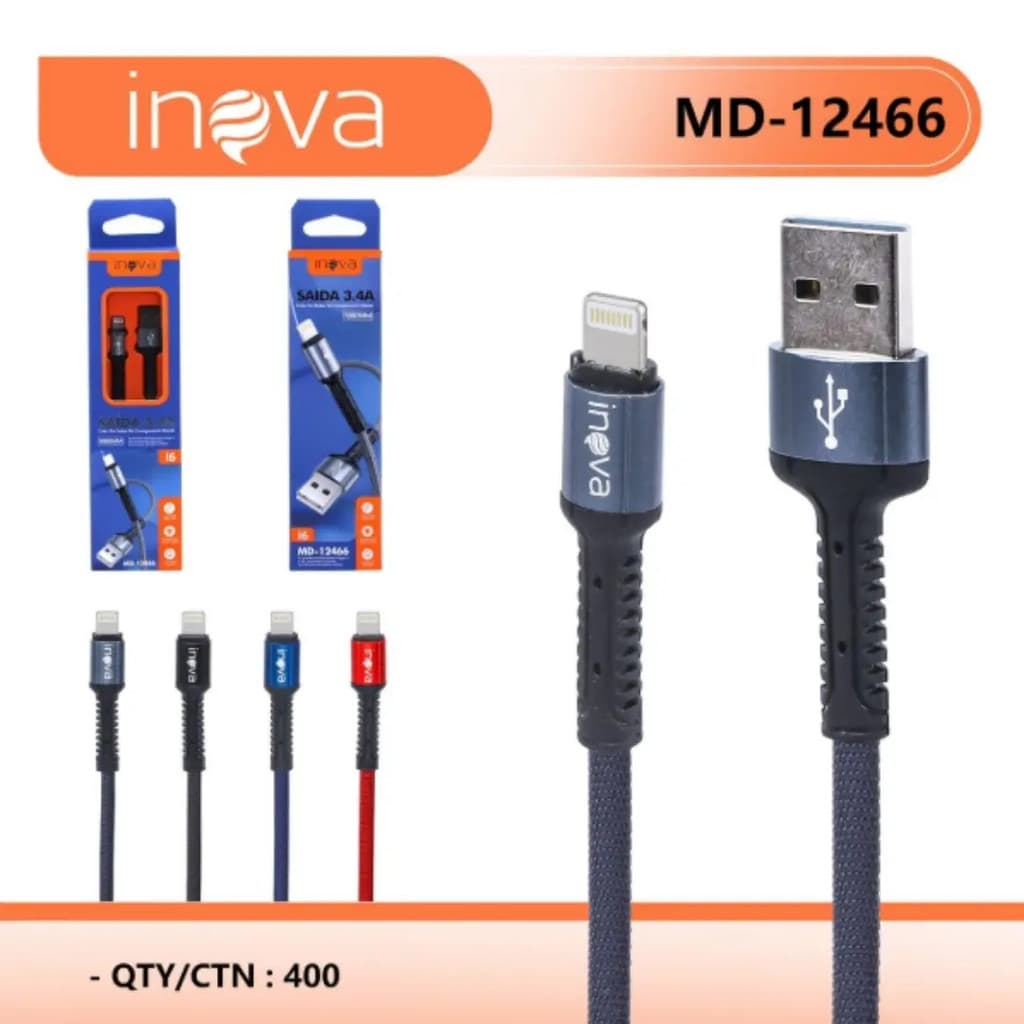 Cabo de dados Lightning INOVA KV-12466 3.4A Rápido USB Para iPhone Nylon Trançado Reforçado 1 Metro