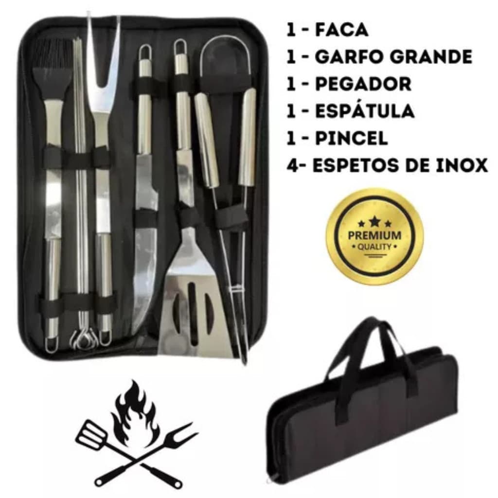 Respeito na Brasa | Kit Churrasco 9 Peças Inox Profissional c/ Bolsa