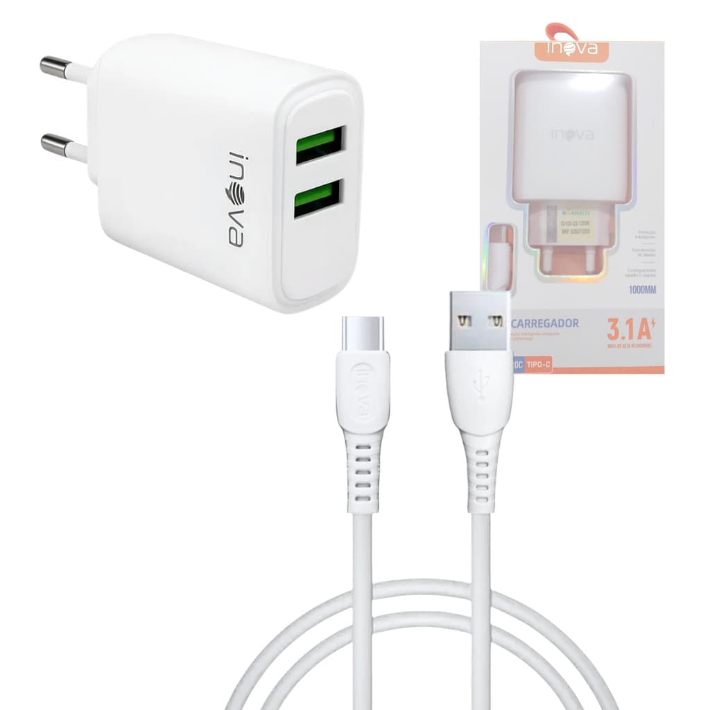 Carregador Completo 02 Entradas USB 3.1A com Cabo TIPO-C de 1 Metro INOVA CAR-12820C