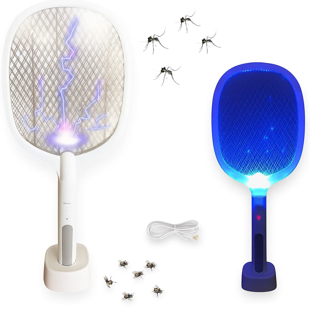 Raquete Mata Mosquito Elétrica Recarregável Com Base LED Anti Insetos Pernilongo Mosca