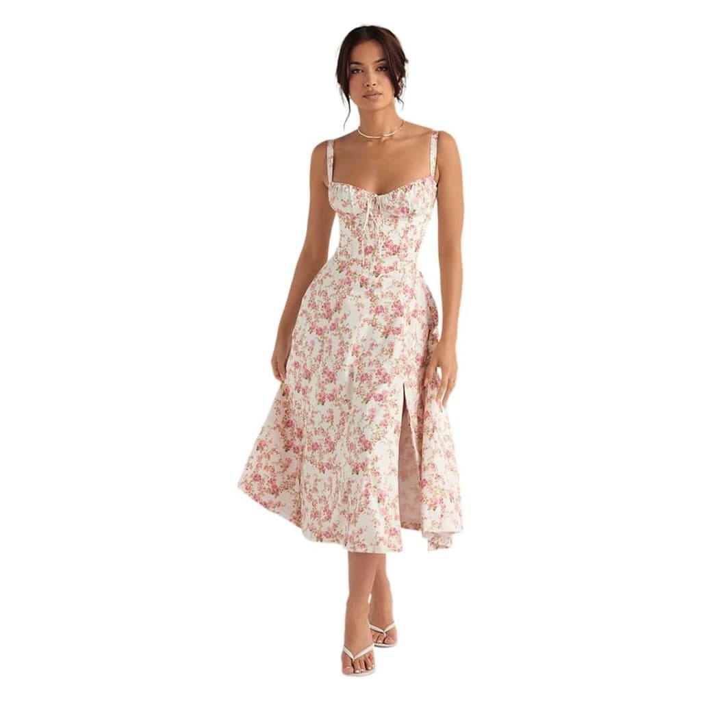 Vestido Midi floral Branco e Rosa G