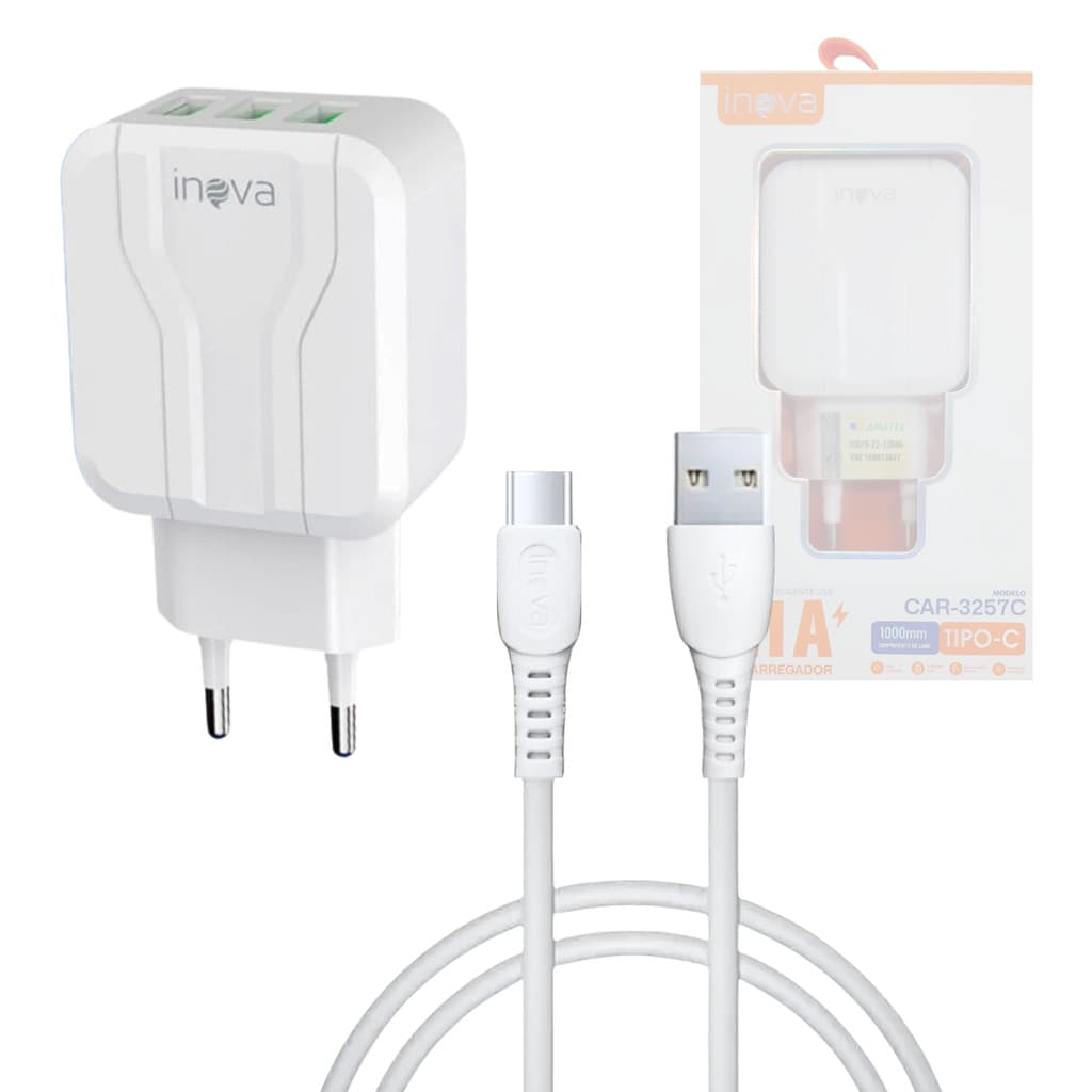Carregador Completo TURBO 03 Entradas USB 5.1A com Cabo TIPO-C de 1 Metro INOVA CAR-3257C