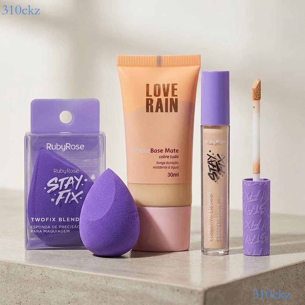 KIT Maquiagem 3 Pcs: Base Matte + Corretivo Ruby Rose Stay Fix + Esponja Pronta entrega ✨310ckz