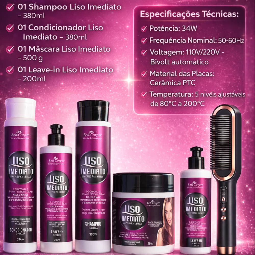 Kit Liso Imediato Redutor de Volume + Escova Pente Alisadora