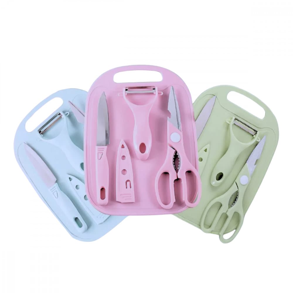 Kit Tábua Cozinha Com Faca Tesoura Descascador 4 Peças Utensílios Inox Tons Pastéis