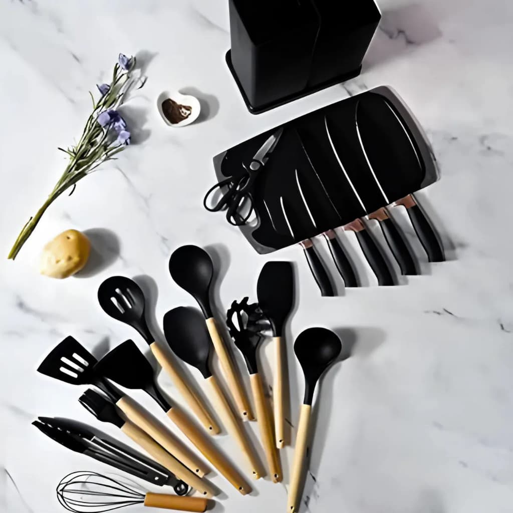 Kit Completo de Utensílios para Cozinha 19 Peças Preto