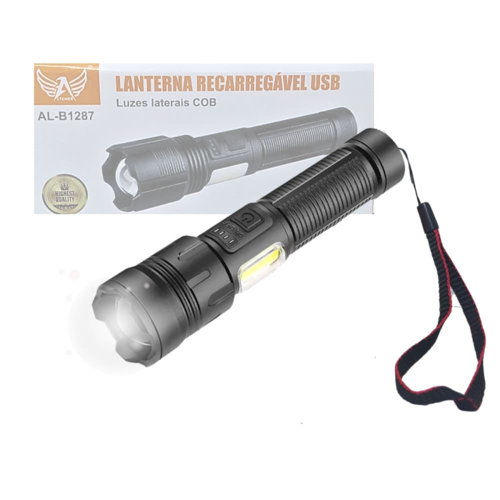 Lanterna Tática Portátil Bateria Recarregável Luz LED Lateral COB Altomex