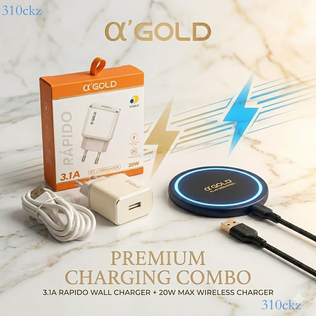 Kit Combo A'GOLD: Carregador Rápido 3.1A + Base Carregador Sem Fio Por Indução 20W Turbo Universal ✨310ckz