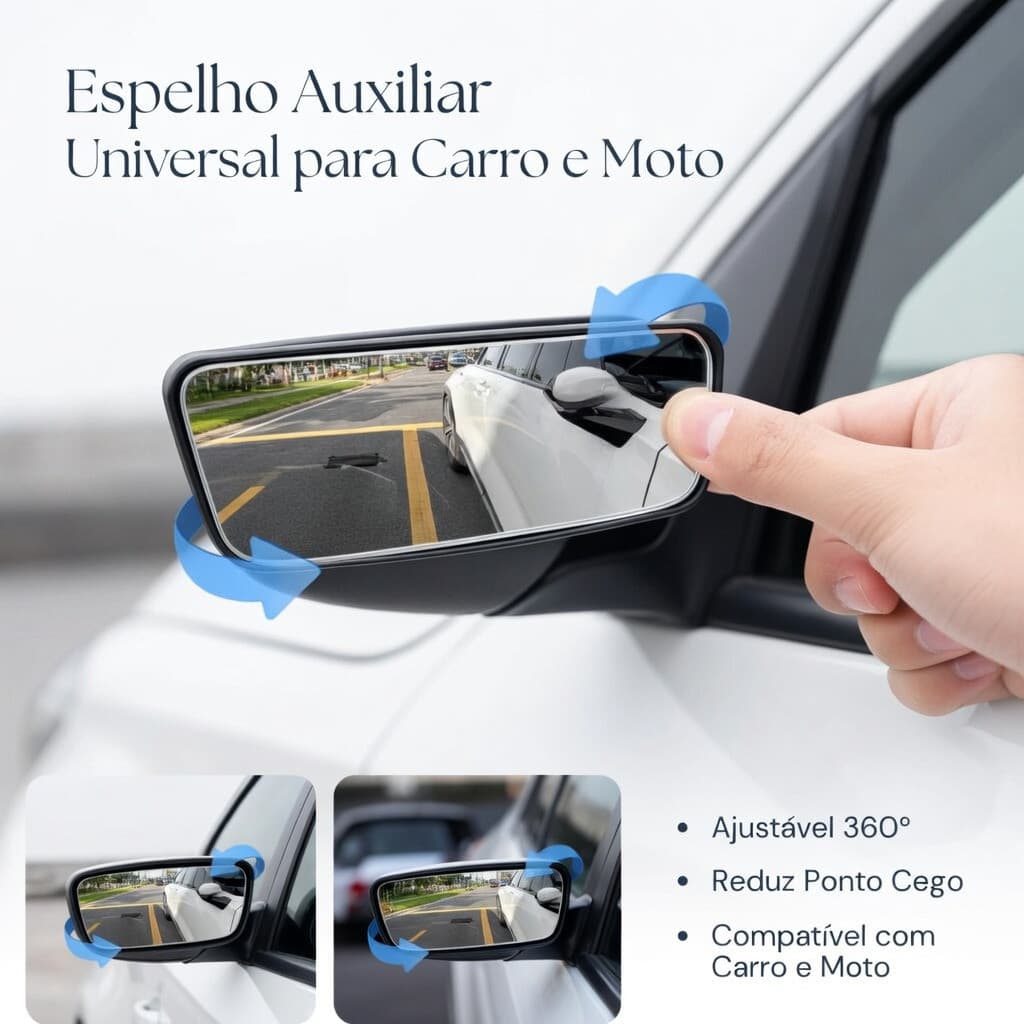Espelho Auxiliar Universal para Carro e Moto - Retrovisor Ajustável 360°