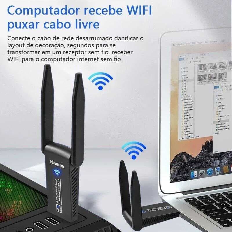 Adaptador USB WiFi Dual Band 5G 1200/1800Mbps com Bluetooth ou 4 Antenas para PC e Notebook