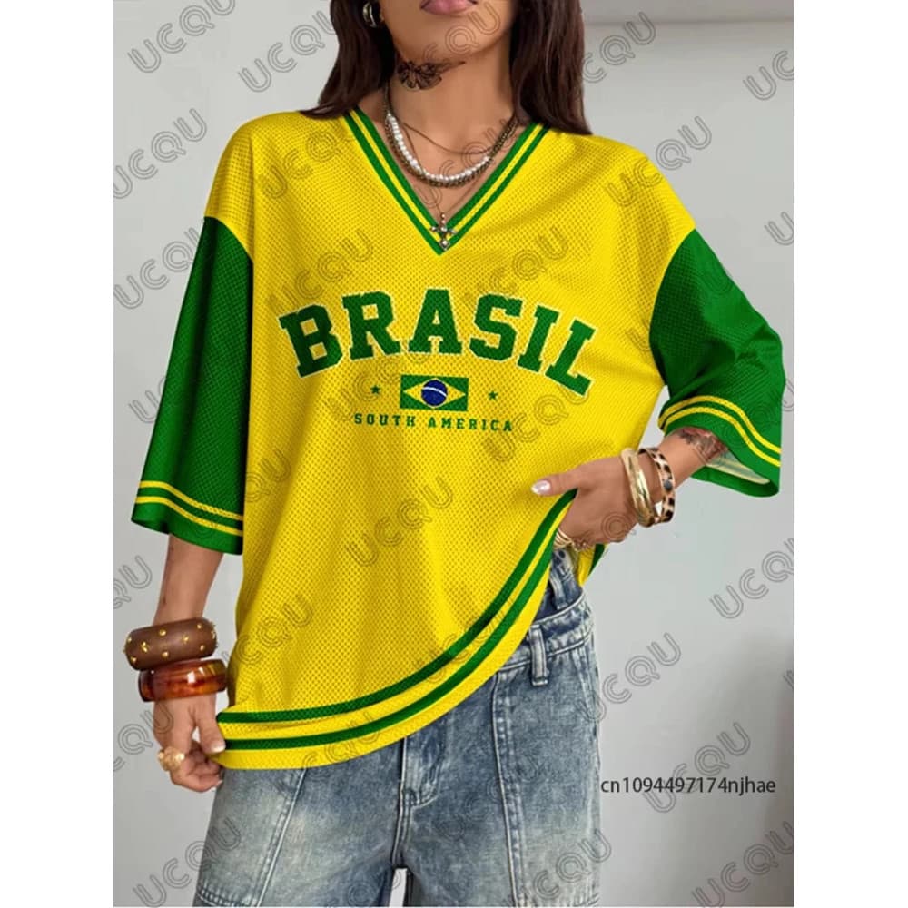 Verão Novo Vintage Brasil Impressão Feminina Com Decote Em V T Camisa Retalhos Manga Curta Esportes De Futebol Y2K Solto