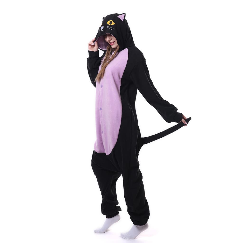 Fantasia De Pijama Kigurumi Adulto Midnight Cat Onesie – Pijamas De Pelúcia Macios Com Capuz Anexado , Perfeito Para Fes