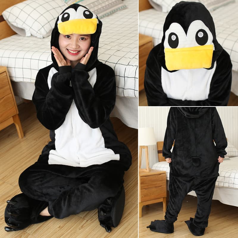 Pijama Macacão Com Capuz De Pinguim Fofo , De Flanela Quente De Animal De Uma Peça , Roupa De Dormir Aconchegante Para C