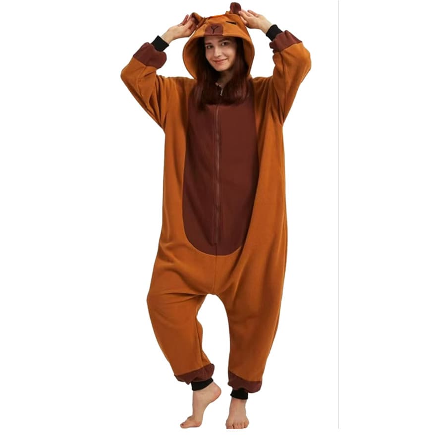 Pijama Kigurumi Capivara Animal Onesie Para Adultos , Pijamas De Flanela Quente Com Capuz E Zíper , Fantasias Fofas De C