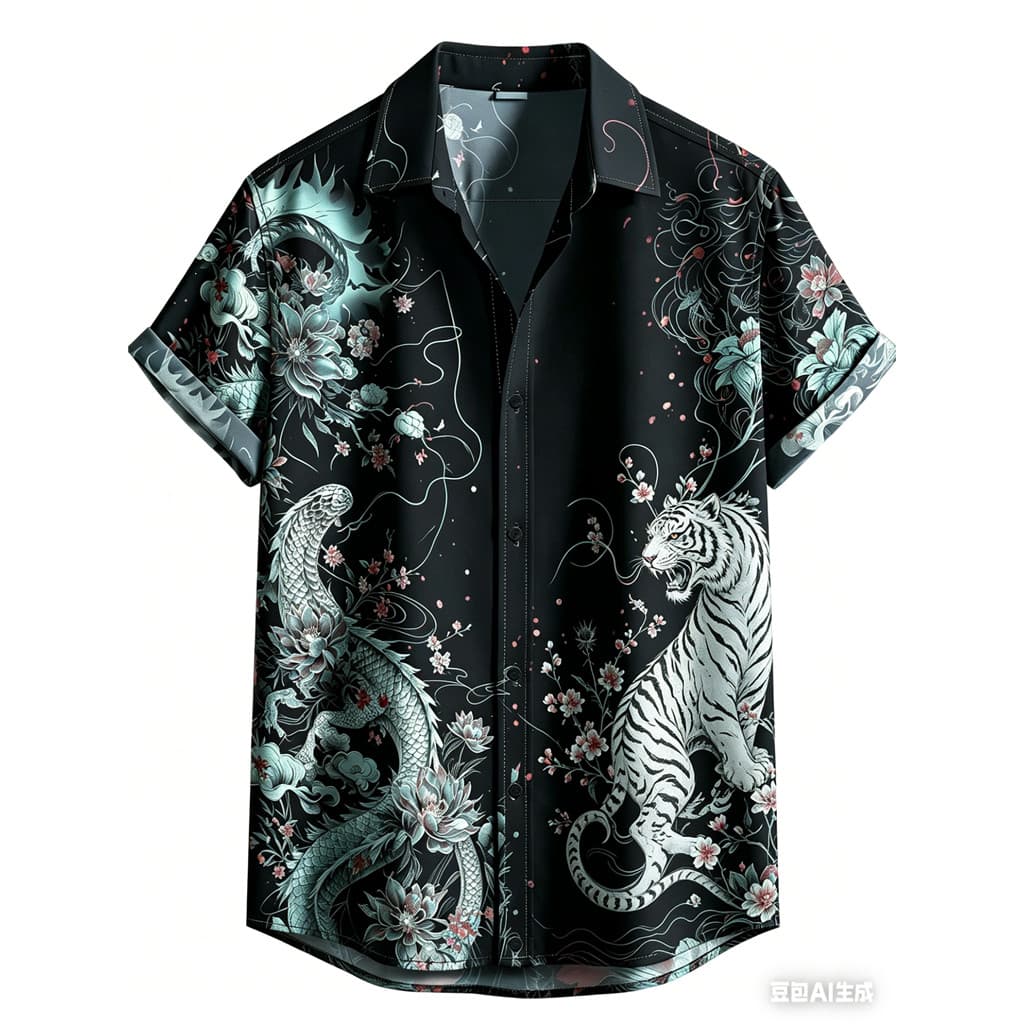 Camisa Havaiana Masculina Casual Confortável Moda Respirável Top Oriental Dragão Arte Impressão Vibrações De Férias