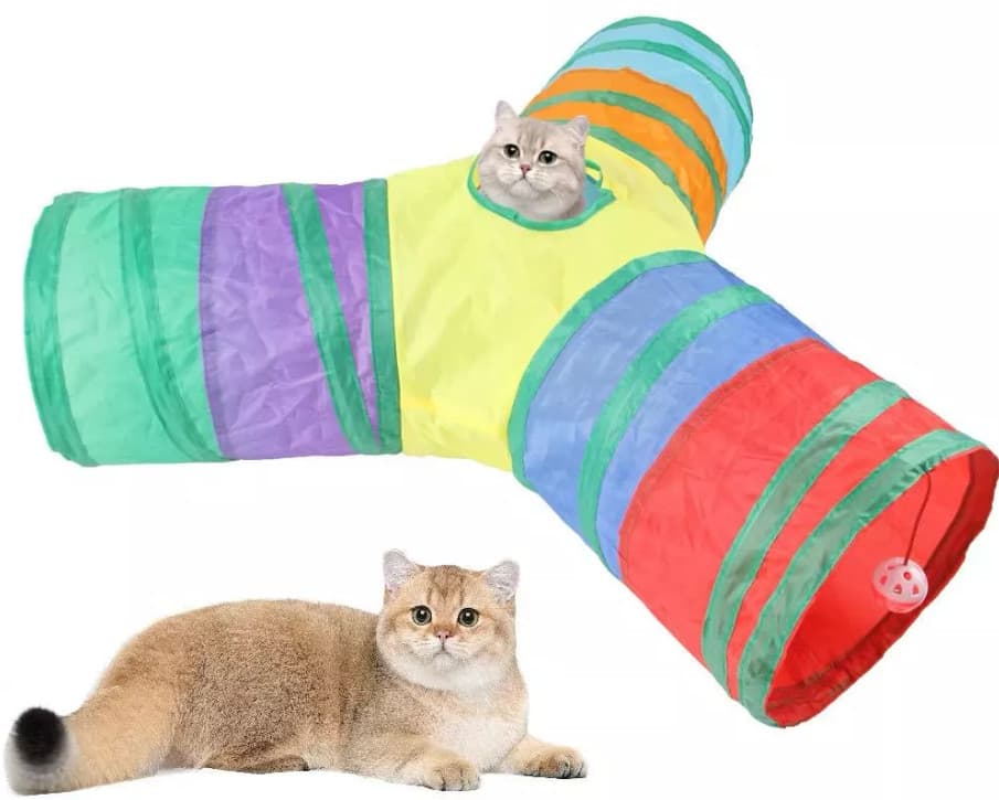 Brinquedo túnel para gatos Y com pelúcias – fácil de guardar