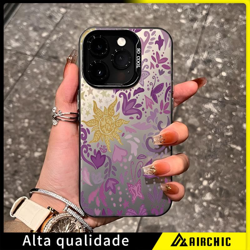 Capa Capinha Sol Tribal Flores e Vinhas Roxas Para iPhone 17 16 15 14 13 12 11 Pro Max XR XS X 8 7 Anti-Impacto