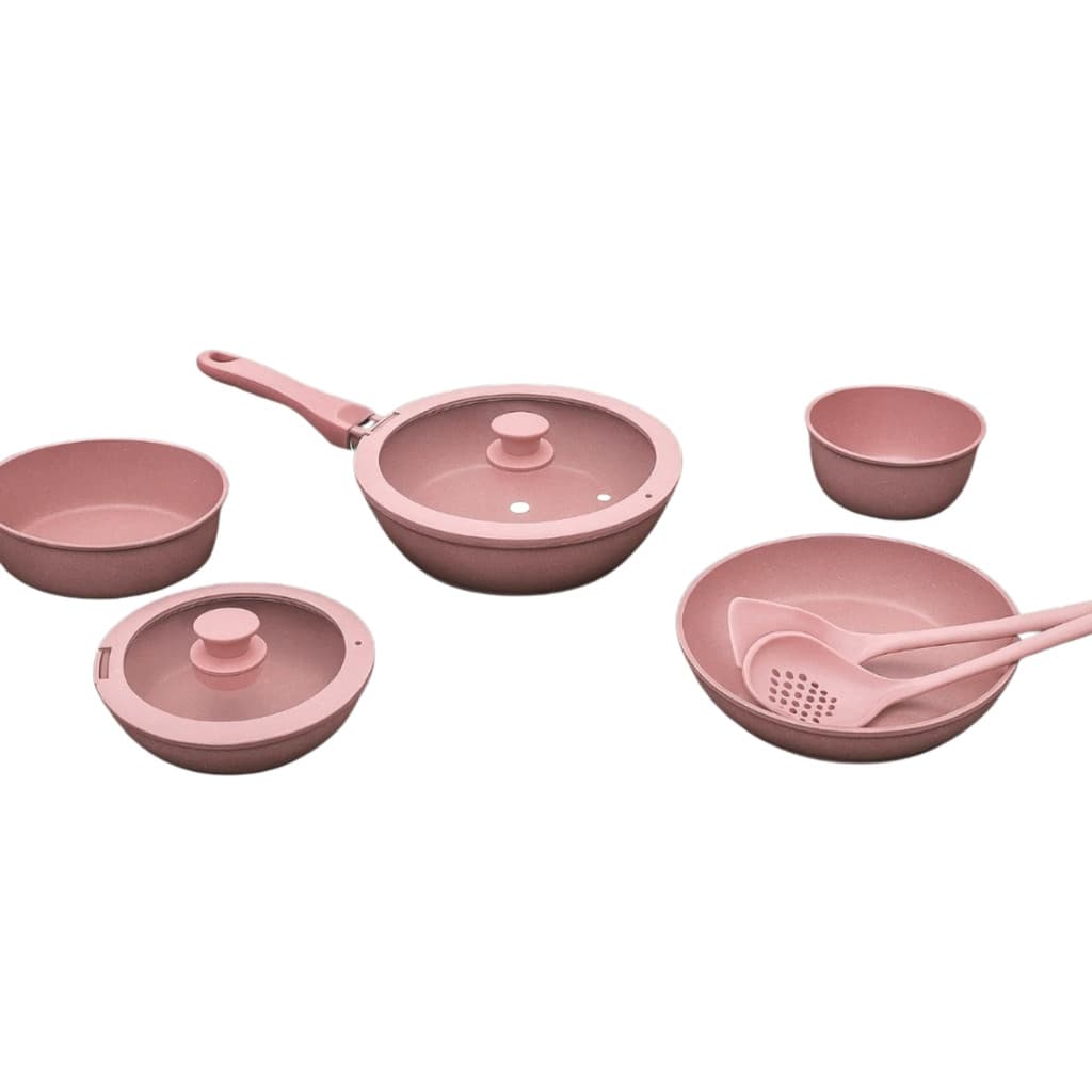 Conjunto Panelas Premium de Cerâmica Rosa - com um Cabo Removível - 11 Peças