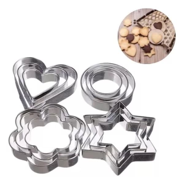 Kit de 12 Cortadores de Massa em Inox - Coração, Estrela, Flor e Círculo para Biscoitos e Receitas Criativas