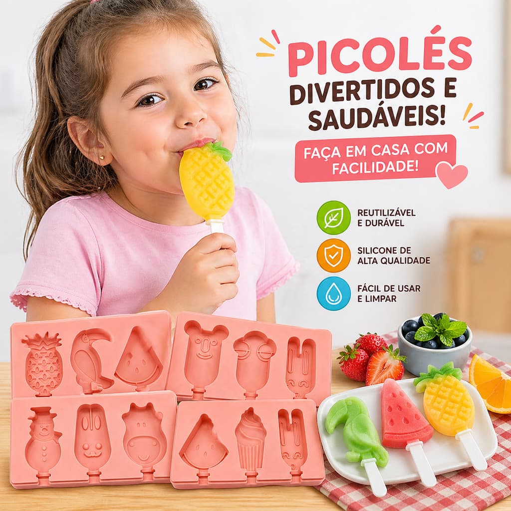 Kit Forma Molde Para Sorvete Picolé Silicone Com Desenho de Frutas Animais