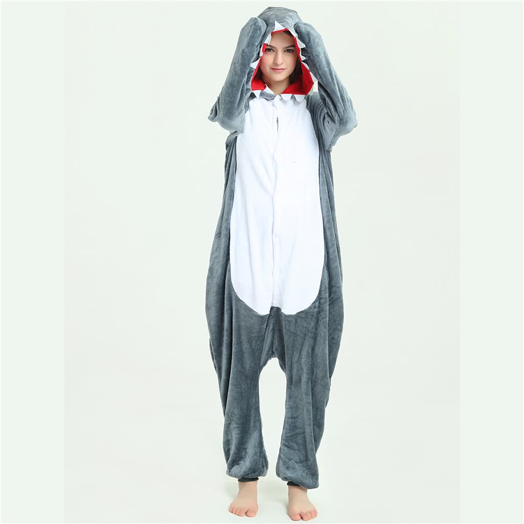 Kigurumi Cinza Tubarão Cosplay Traje Adultos Macacão Pijama Capuz De Pelúcia Flanela Macia Pijamas Festa De Halloween Fa
