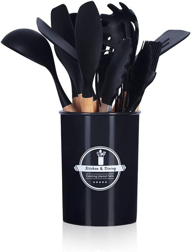 Kit Utensílios Cozinha Silicone 12 Peças com Suporte Cabo Madeira Preto Antiaderente Premium