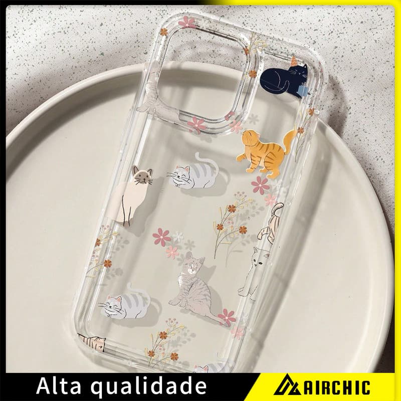 Capinha Capa de Transparente Gatos e Flores Para iPhone 11 14 15 16 12 17 13 pro max 7/8 plus produto em alta