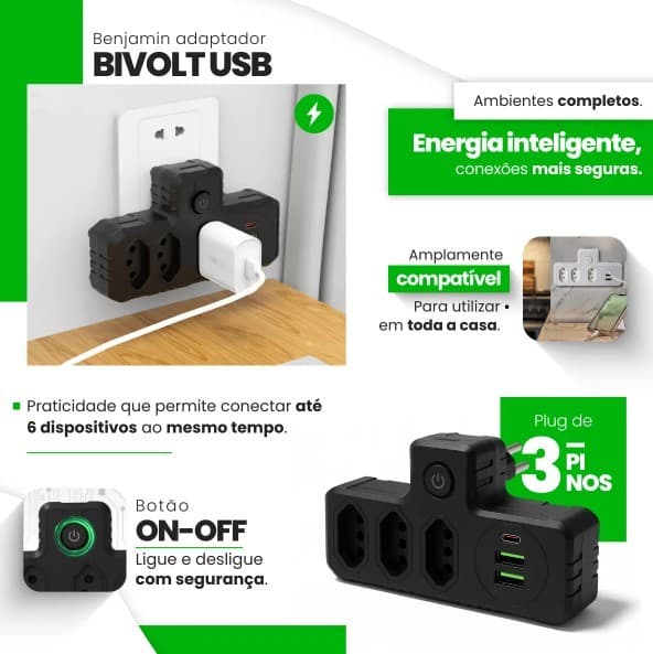 Benjamin Adaptador Tomada Bivolt USB-C USB-A 3 Tomadas 10A Carregador Universal