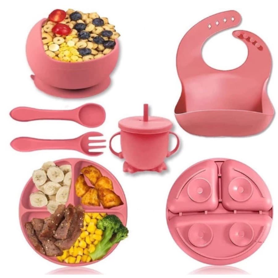 Kit 6 Alimentação Bebê Silicone Prato Babador Copo Tigela Co