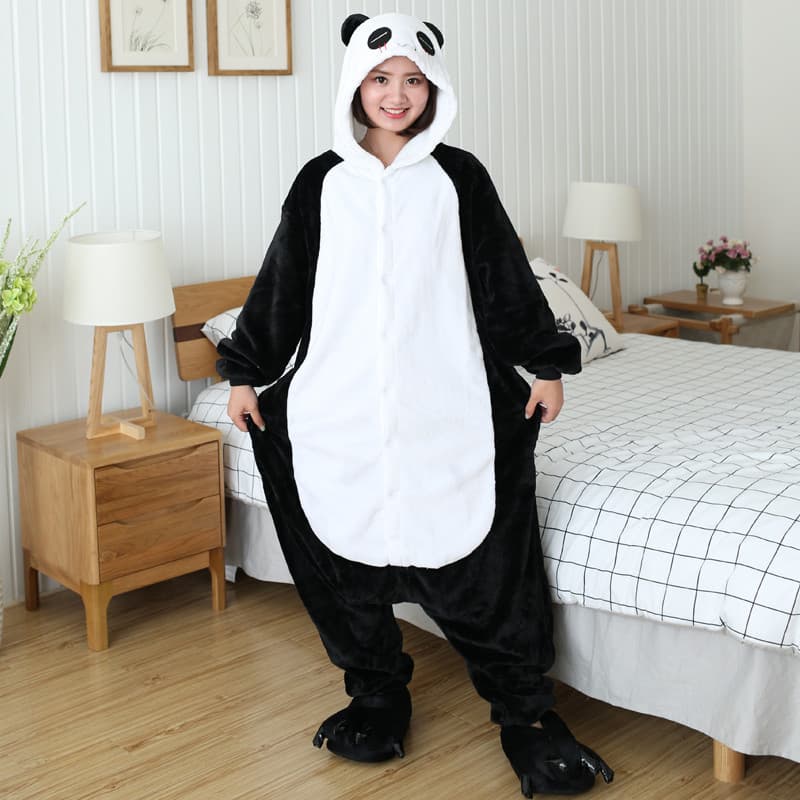 Kigurumi Panda Onesies Pijamas Com Capuz Para Mulheres Adultos Flanela Dos Desenhos Animados Animal Uma Peça Trajes Cosp
