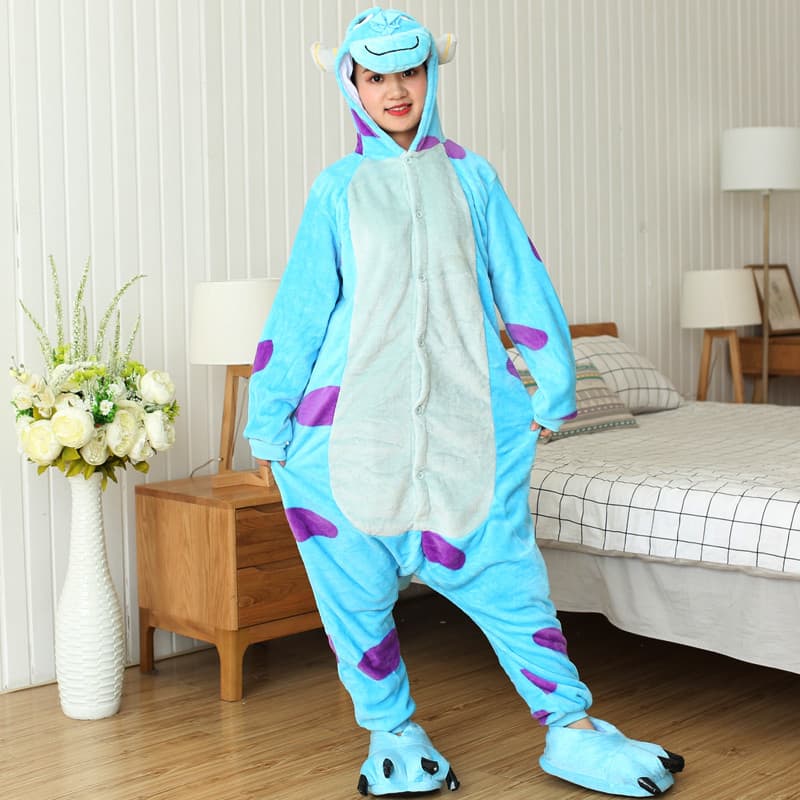 Kigurumi Adulto Mulheres Sulley Cartoon Animal Onesie Pijamas , Flanela Macia E Quente Com Capuz Pijama De Uma Peça , Ca