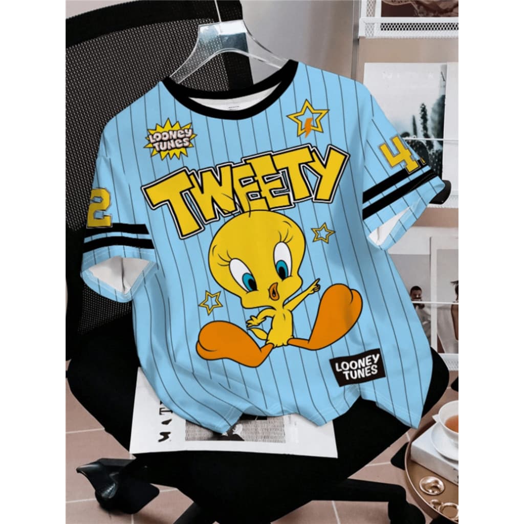 Tweety Tweety Novidade criativa de manga curta com estampa de desenho animado listrado camiseta Casual