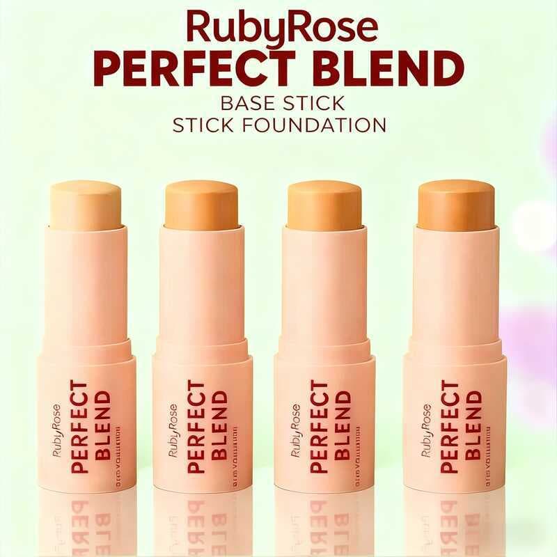 Base Stick Ruby Rose Perfect Blend - Cobertura Natural, Textura Suave Blendável, Resistente à Suor e Vegano
