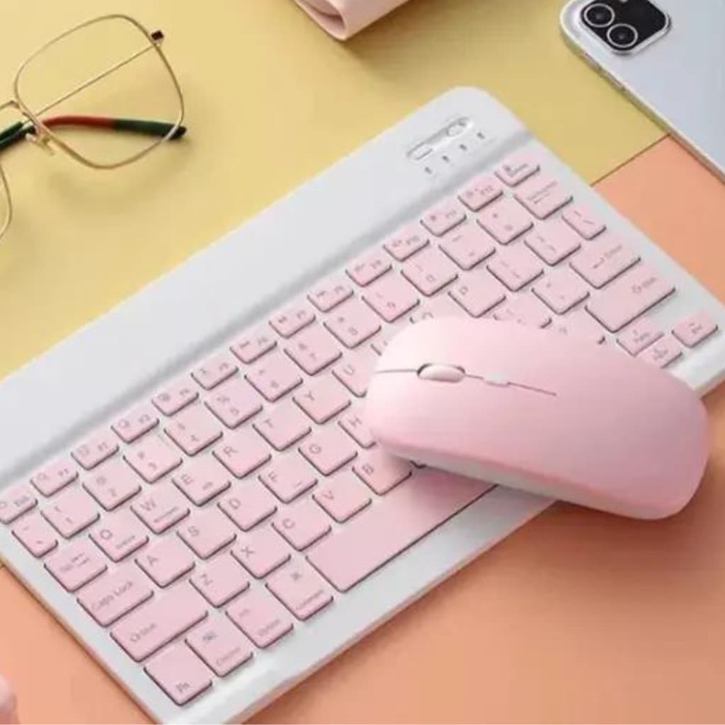 Kit Teclado + Mouse Bluetooth Sem Fio Recarregável Para Tablet Celular iPad Android Windows - ROSA