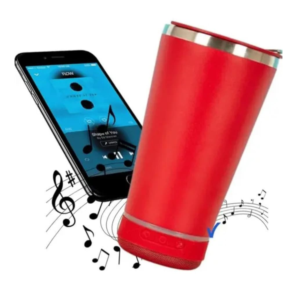 Copo Térmico Personalizado Bluetooth com Som e LED 420ml – Tampa + Abridor, Presente Criativo - Vermelho